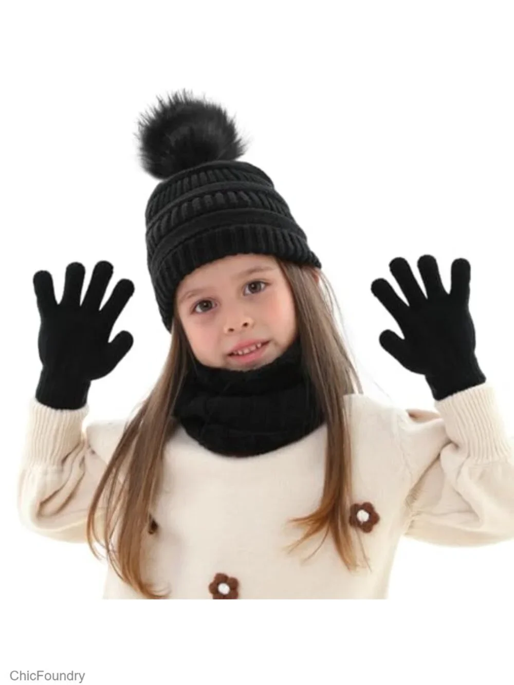 Kids Winter Beanie Hat Scarf Gloves Set Thick Warm Knitted Fleece Lined